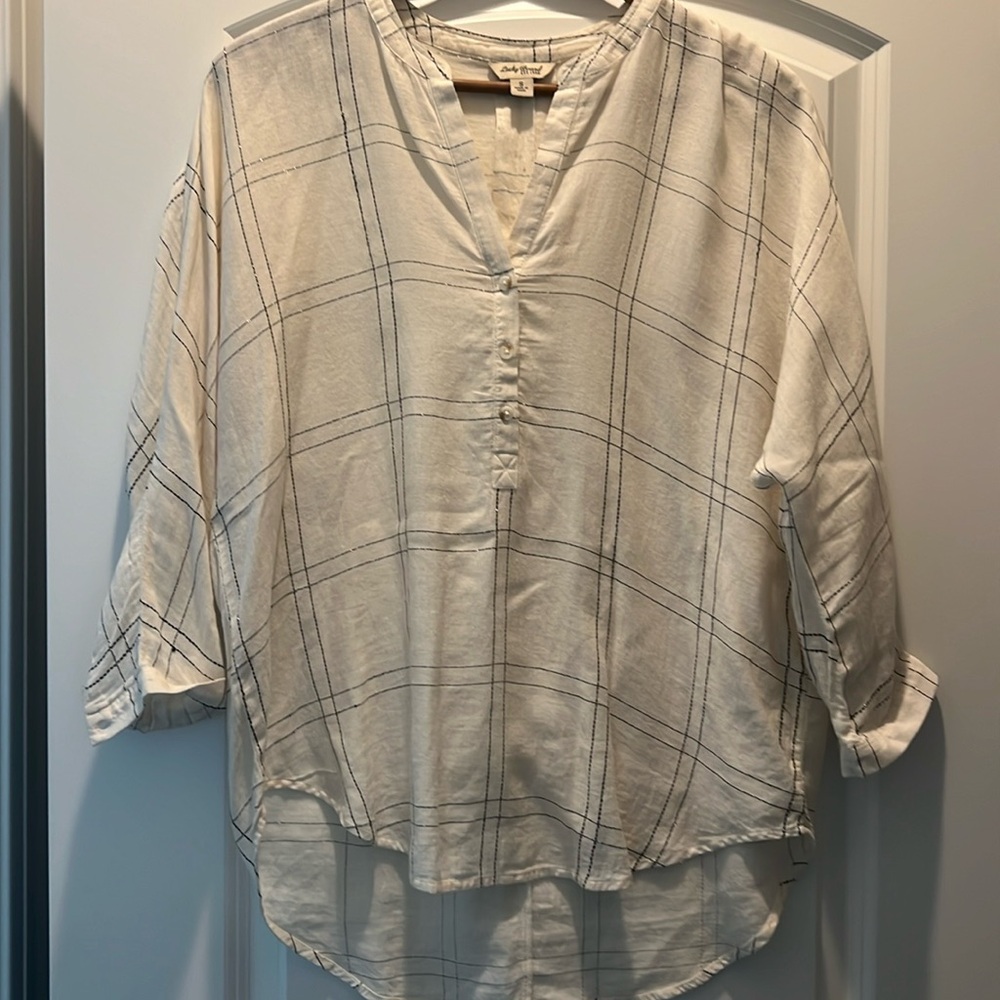 Lucky Brand cream plaid shirt with metallic stitching.